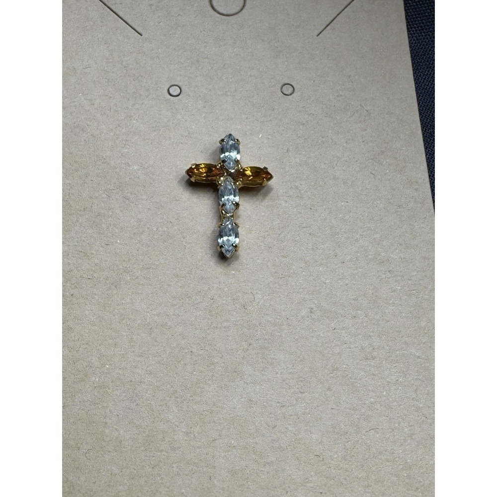 Gold Tone Cross With Amber And CZ Lapel Pin